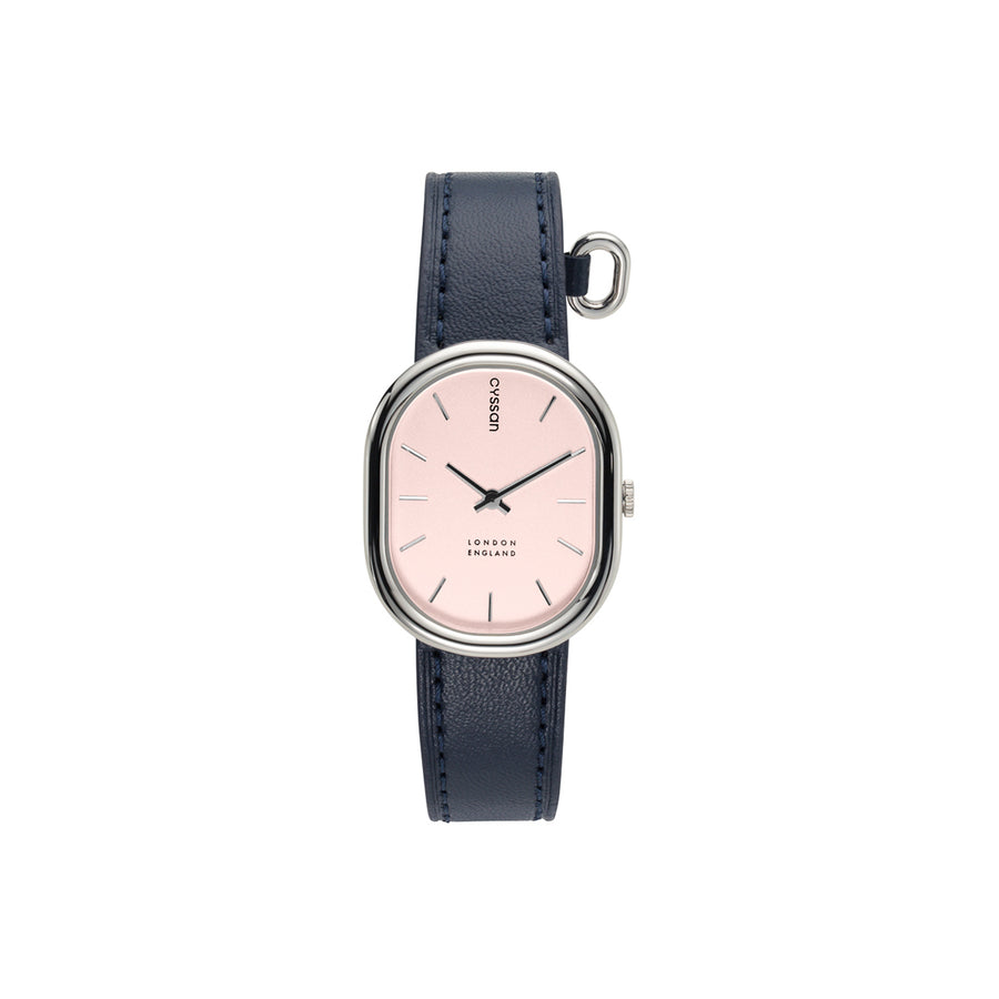 front view of a woman's watch with a pale pink dial, silver-tone watch case and blue strap