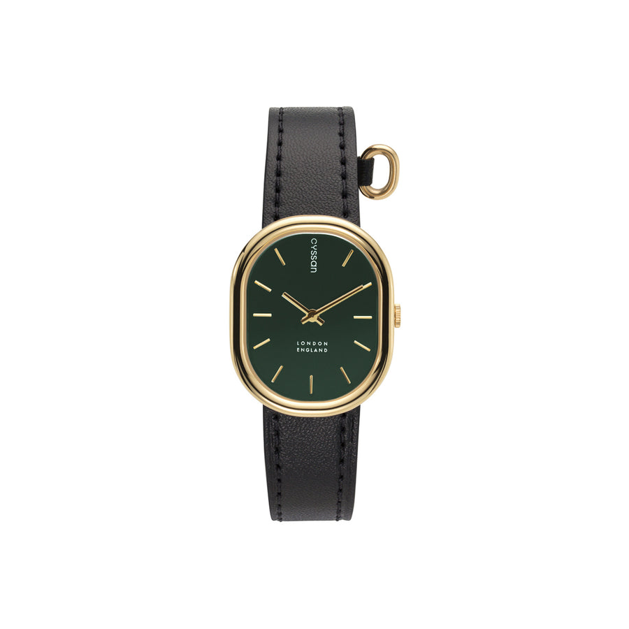 front view of a woman's watch with a green enamel dial, gold-plated watch case and black strap