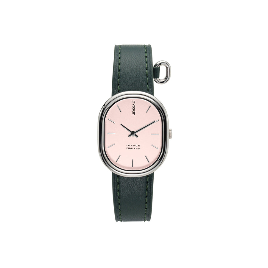 front view of a woman's watch with a pale pink dial, silver-tone watch case and green strap