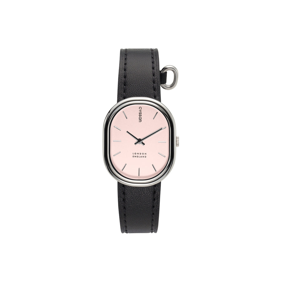 front view of a woman's watch with a pale pink dial, silver-tone watch case and black strap