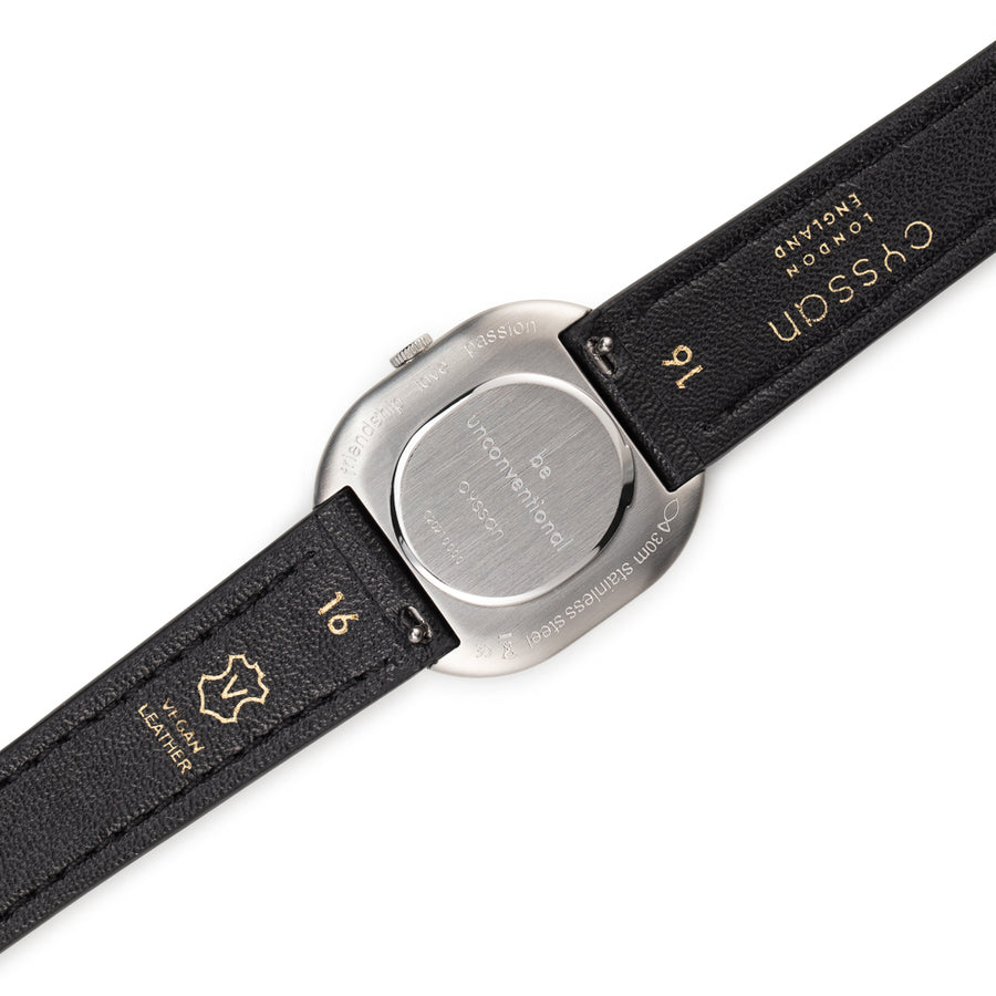 silver engraved case back with black vegan-leather watch strap 