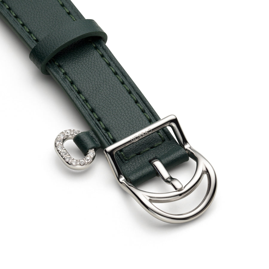 the dark green vegan-leather strap, silver buckle and embellished strap detail.