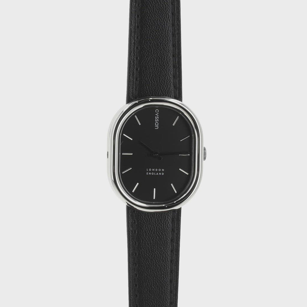 A 360 video of the Cyssan watch, showing the silver case, hands and indexes, the black dial, the engraved crown and the caseback engraving. 