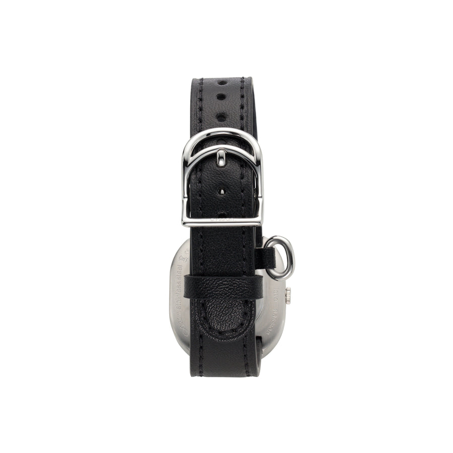back view of the Cyssan watch showing the black vegan-leather strap, and the silver buckle and ring.