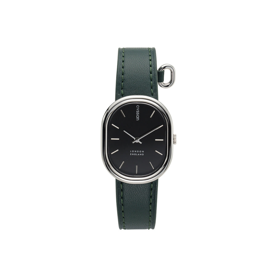front view of the Cyssan watch with a silver case, indexes and hands, a black dial, and a dark green vegan-leather strap.