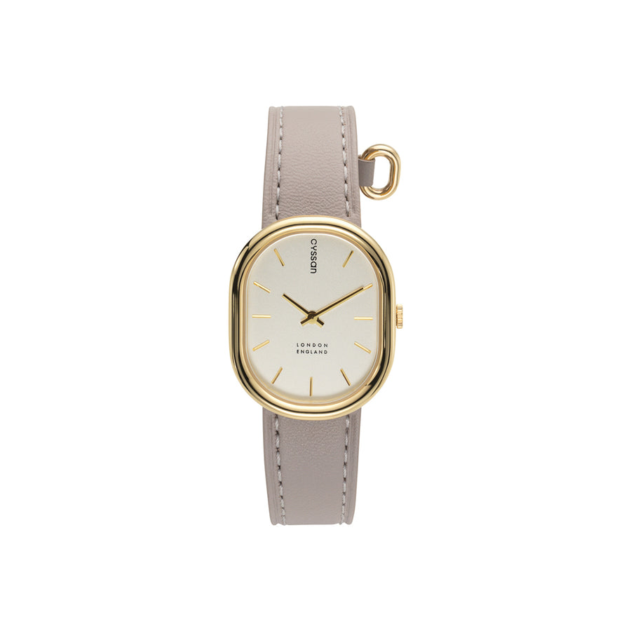 Front view of teh Cyssan watch with a gold case, champagne dial, gold indexes and hands, and sand-coloured  vegan-leather strap