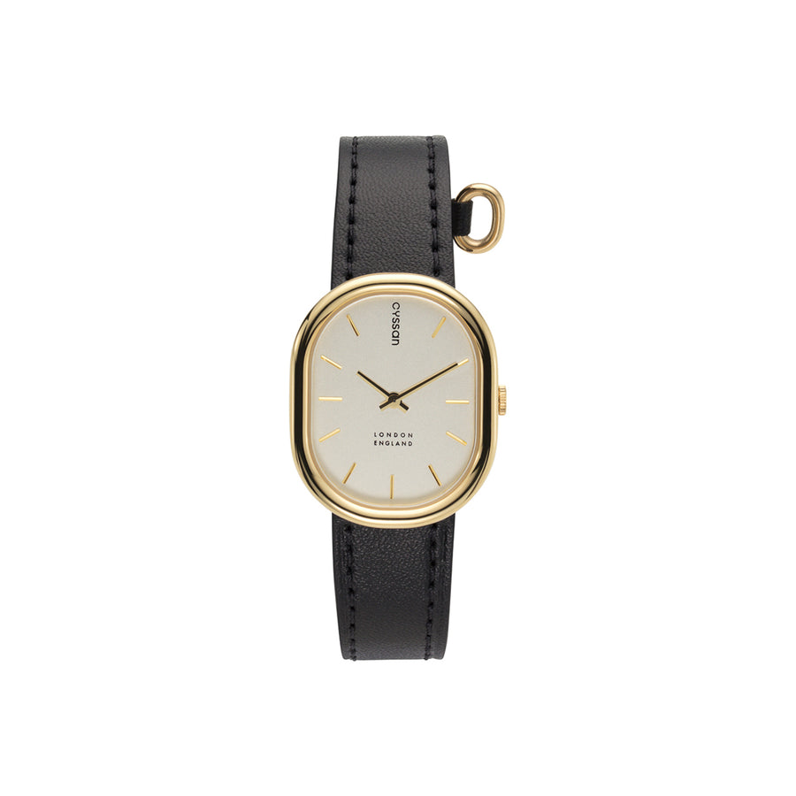 front view of the Cyssan watch with a gold-tone case, indexes and hands, a champagne-coloured dial, and a black vegan-leather strap.